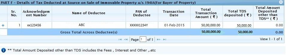 part F- Details of deducted at source o sale of Immovable Property u/s 194IA(For buyer of property)